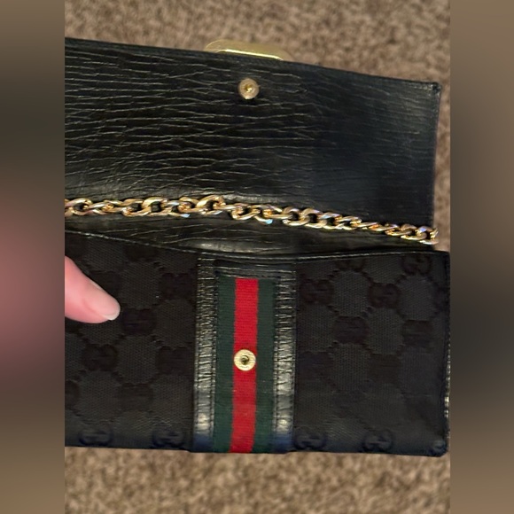 Preloved Gucci Jacquard/Leather Sherry Line Black Wallet; can use as crossbody. - Picture 12 of 12